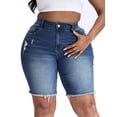 thumbnail image 5 of Gocolloa Women's Plus Size High Waisted Stretchy Jean Shorts 10" Inseam Raw Hem Denim Bermuda Shorts Royal Blue 20W, 5 of 6