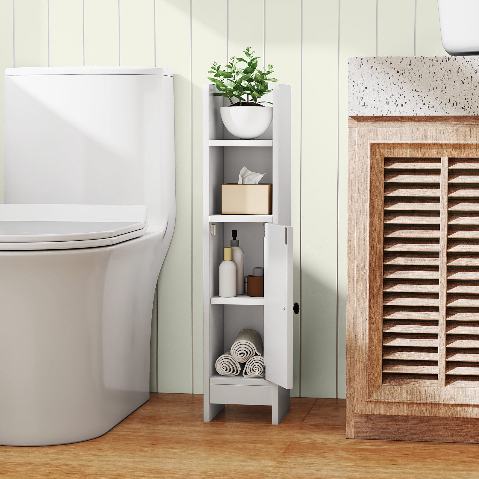 Topbuy Bathroom Storage Cabinet Small Corner Floor Cabinet with Door and Adjustable Shelves Toilet Paper Holder Stand White