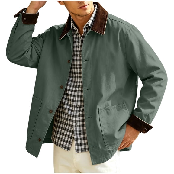 Rvwovn Barn Jacket for Men, Button Down Vintage Casual Work Jakcet with Patch Pockets, Spring Fall Outdoor Wear