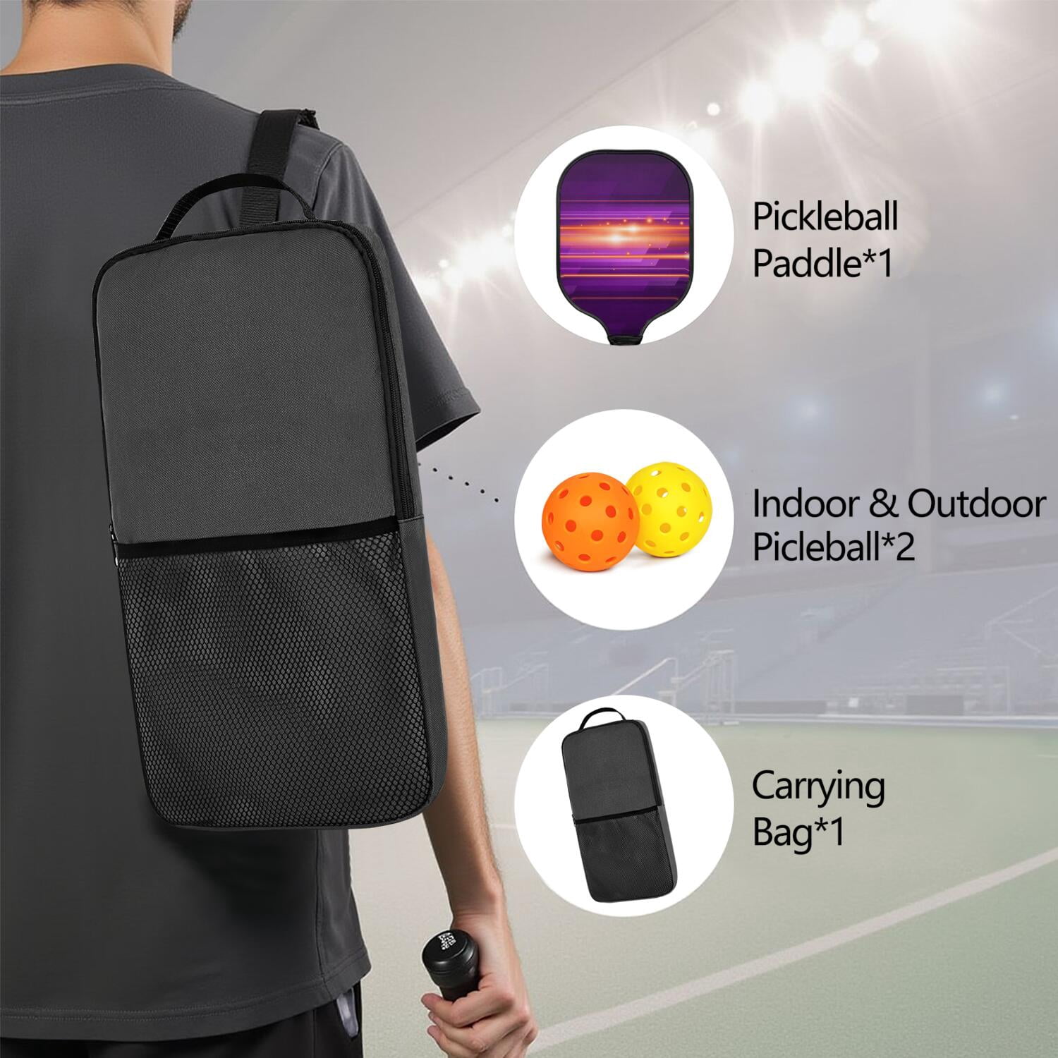 Pickleball Paddles Set Of 1, Fiberglass Surface, Speed, Lightning, Thunder Print, 1 Paddle, 2 Balls & Bag