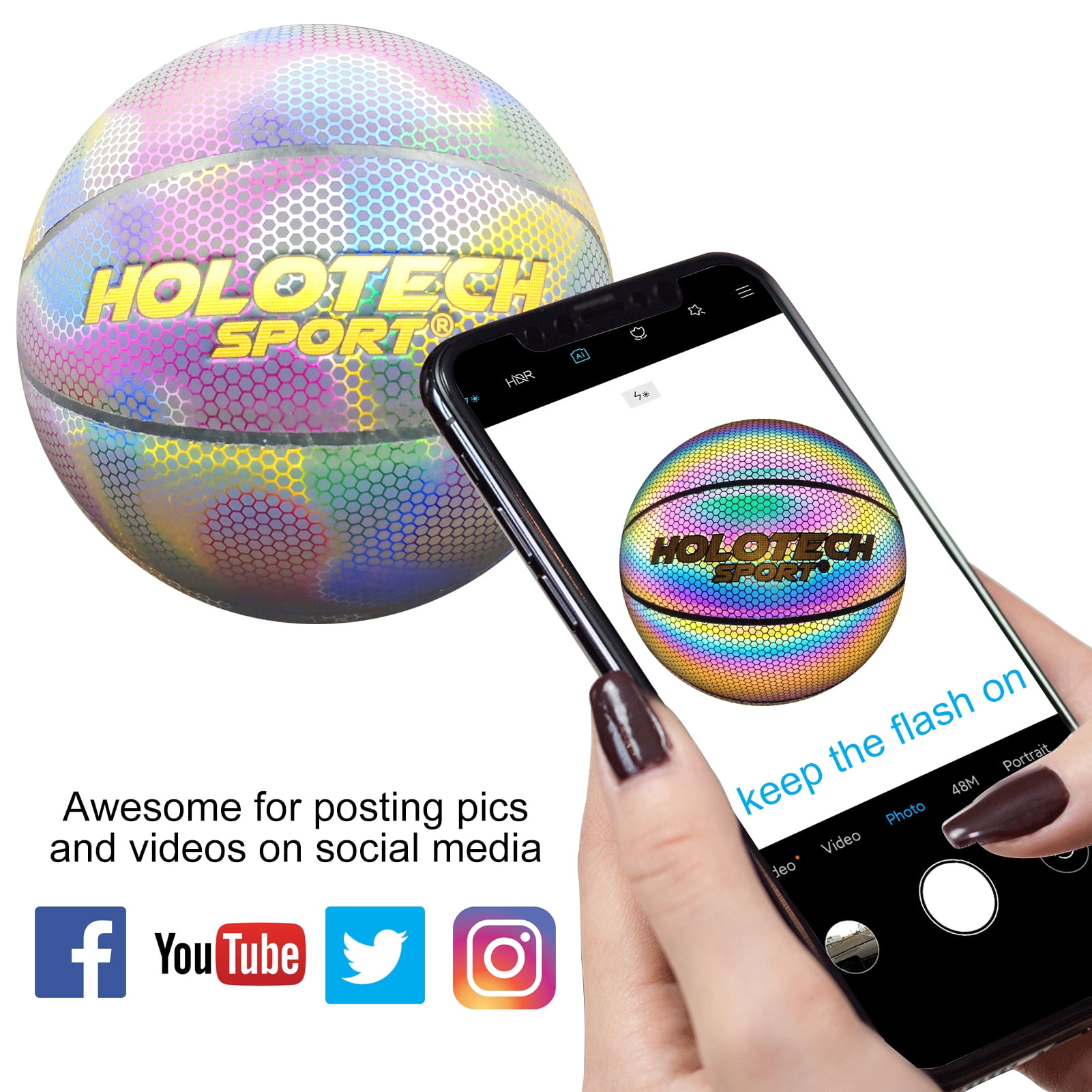 MILA CHIC Basketball, Holographic Glowing Basketball Indoor Outdoor Size 6 (28.5"), Reflective Glowing Composite Leather Basketball Gift for Girls, Boys, Adults Night Game