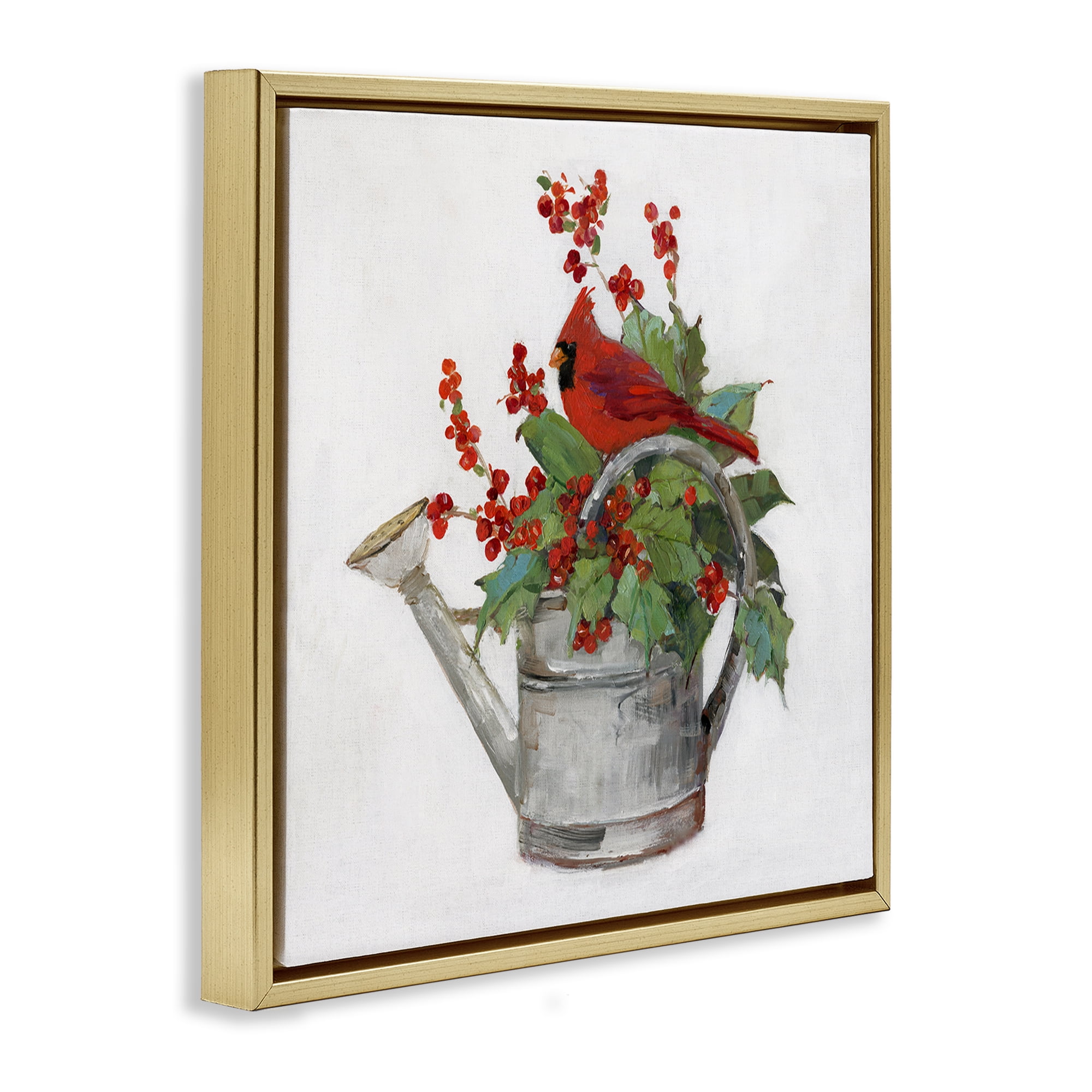 Stupell Industries Cardinal & Watering Can Holiday Painting Gold Floater Framed Canvas Art Prints Wall Art, 18 x 18