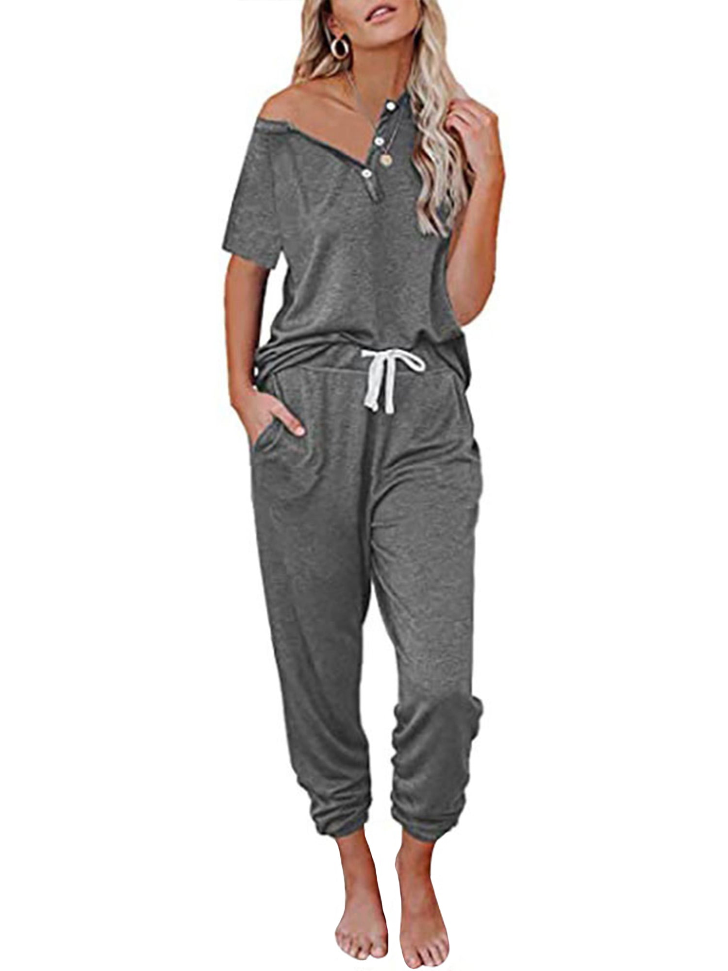 3/4 Pants Running Jogger Tracksuit Set Womens Ladies Contrast Panel 2 Pieces Pullover Sports Suit Casual Short Sleeve Hooded Tops