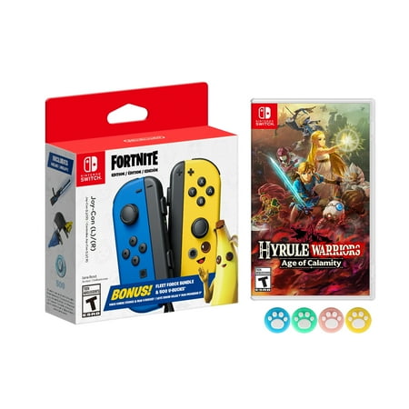 Nintendo Joy-Con (L/R) Fortnite Fleet Force Bundle: Blue/Yellow JoyCon, In-Game 500 V-Bucks & Glider & Electri-claw Pickaxe, with Hyrule Warriors: Age of Calamity Game and Mytrix Joystick Caps