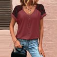 thumbnail image 2 of Gibobby Casual Playera de Manga Corta para Mujer Mujer Casual Color sólido Cuello redondo Manga corta Botón Encaje Camiseta Top(Rojo,XL), 2 of 5