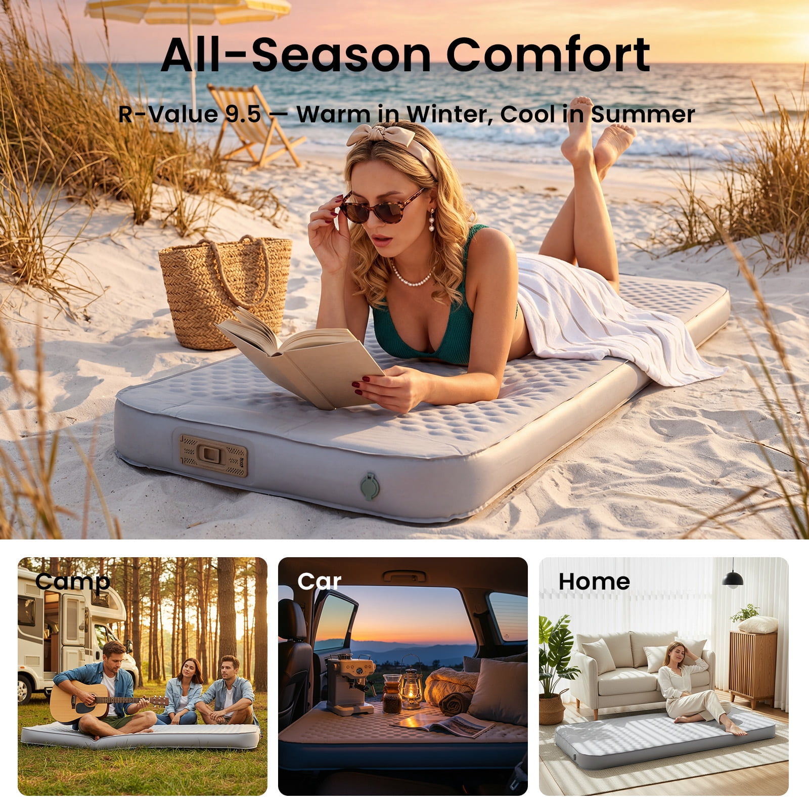 ABORON 4" Thick Self-Inflating Sleeping Pad, Foam & Air Camping Mattress, 9.5 R-Value Insulated Sleeping Mat with Built-In Pump, Portable All Season Camping Pad for Tent, Car, Cot, Truck Silver Gray