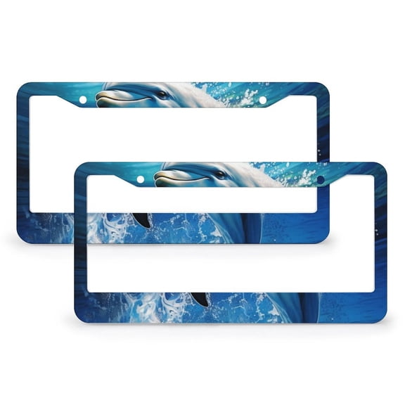 2 PCS Dolphin License Plate Frames Dolphins Design Personalized License Plate Frame Aluminum Metal 2 Round Holes for Women