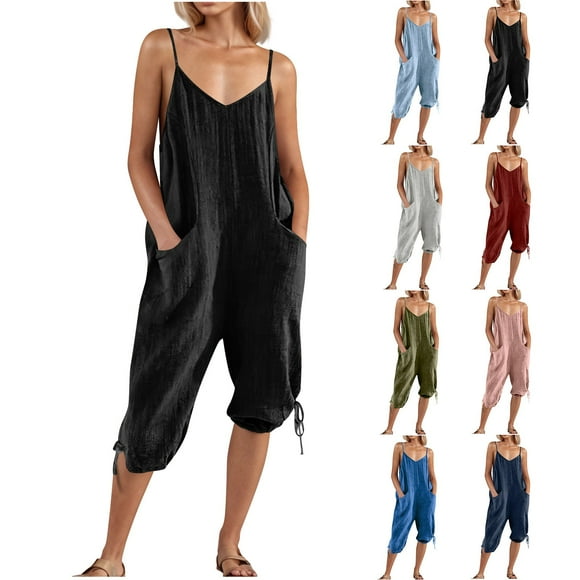 JURANMO Sales Today, Womens Linen Capri Jumpsuits Spaghetti Straps V Neck Cinch Bottom Rompers Casual Loose Fit Onesie Pant Cropped Overalls with Pockets Red S