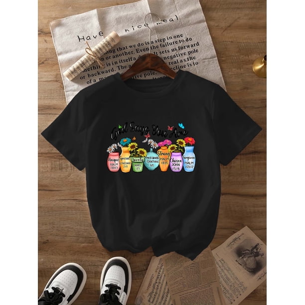 Women's inspirational Bible Verse Cotton T-Shirt Loose Fit Short Sleeve Round Neck Top with Mason Jar Floral & Butterfly DesignTee Featuring Psalms 139:13 & John 3:16 (White), Round Neck