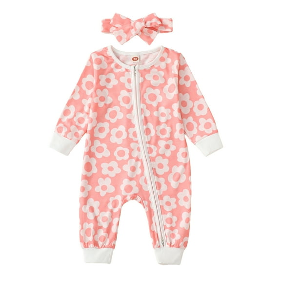 Bagilaanoe Newborn Baby Girl Fall Jumpsuit Floral Print Long Sleeve Bodysuit   Headband 6M 12M 18M 24M Infant Full Zip One Piece Romper