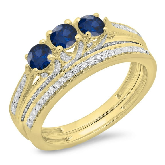 Dazzlingrock Collection 14K Round Blue Sapphire & White Diamond Ladies Bridal 3 Stone Engagement Ring Set, Yellow Gold, Size 5