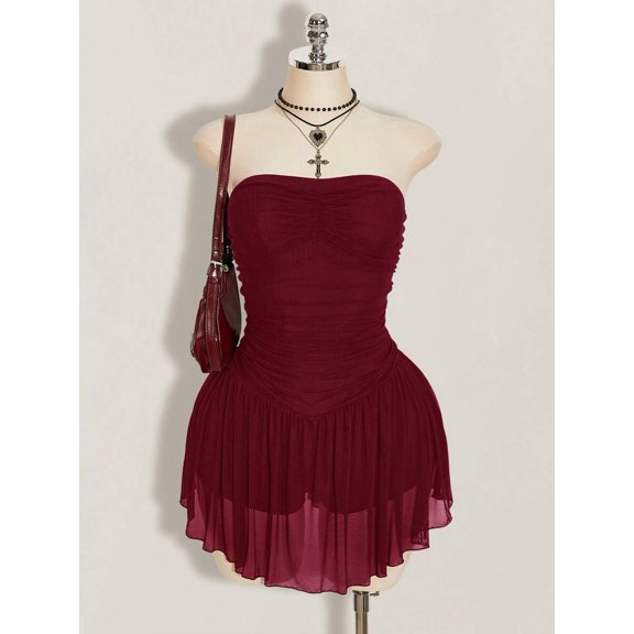 Plus Size Burgundy Strapless Pleated Mesh Mini Dress