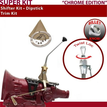 American Shifter C4 Shifter Kit 10 in. Trim Kit Dipstick Chrome Push Button Tan Boot Billet Knob for F8118