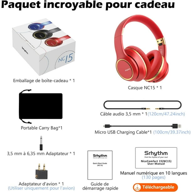 Srhythm NC15 Noise Cancelling Headphones Bluetooth Over Ear with Mic for Teens s Online Class Home