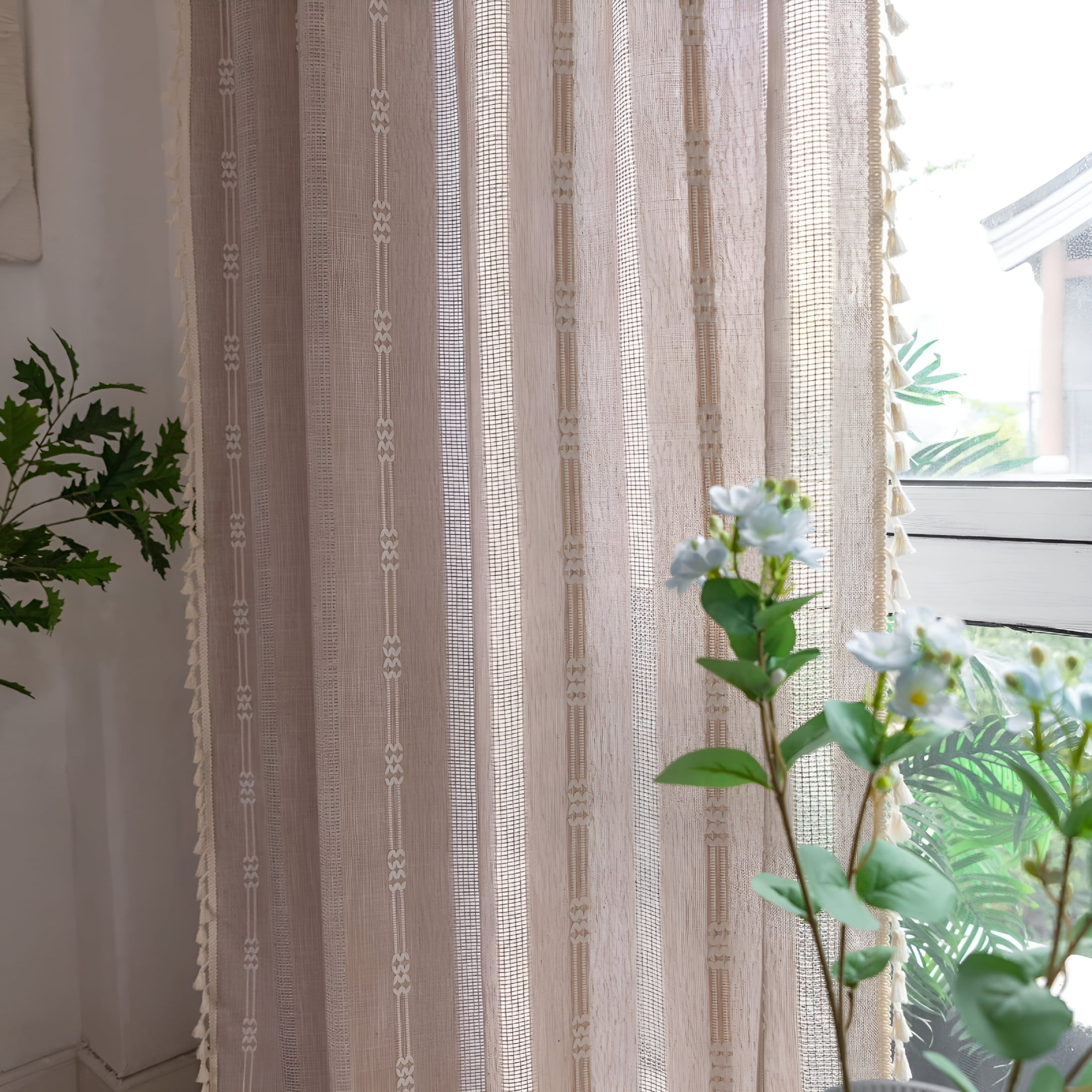 AUQ Linen Curtains Farmhouse Curtains for Living Room Rod Pocket Drapes 52" W X 84" Khaki Long Curtains for Living Room