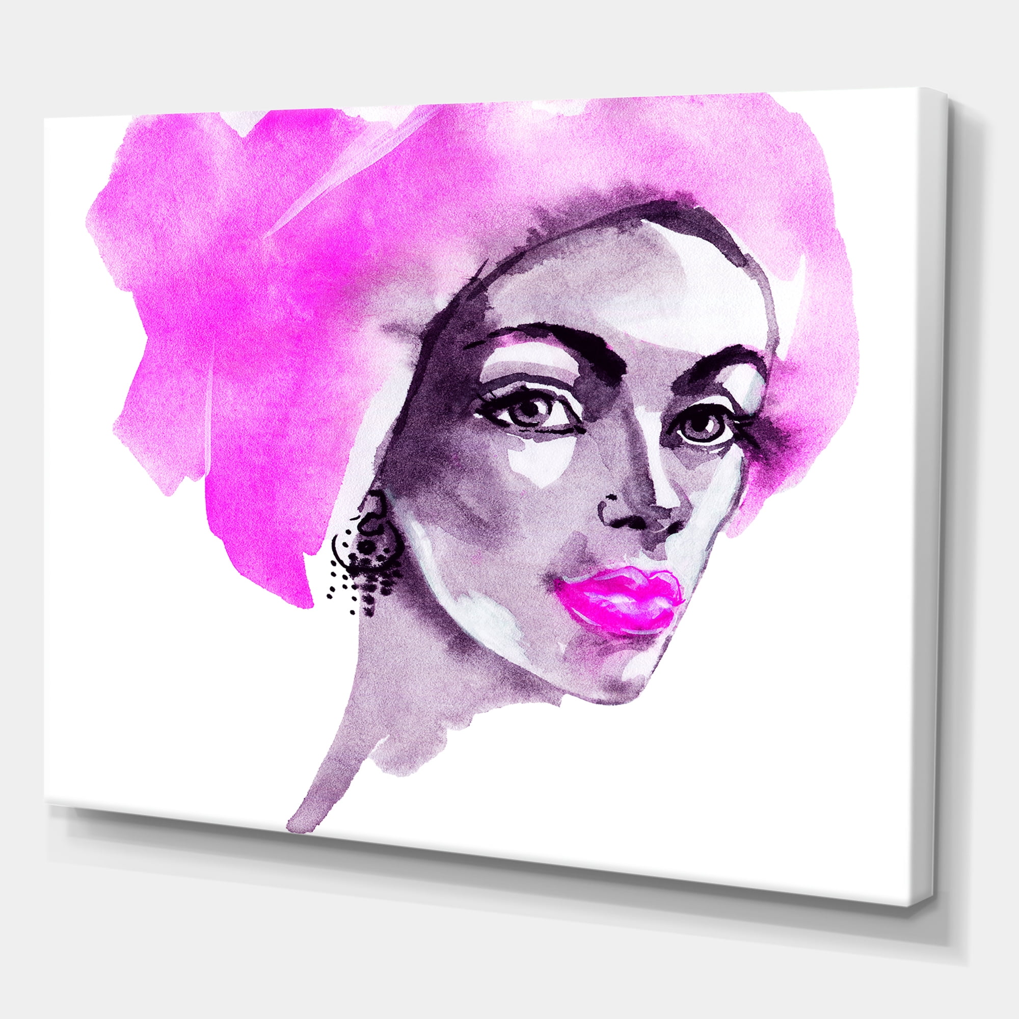 Afro American Pink Woman Fashion Portrait 32 in x 16 in Painting Canvas Art Print, by Designart