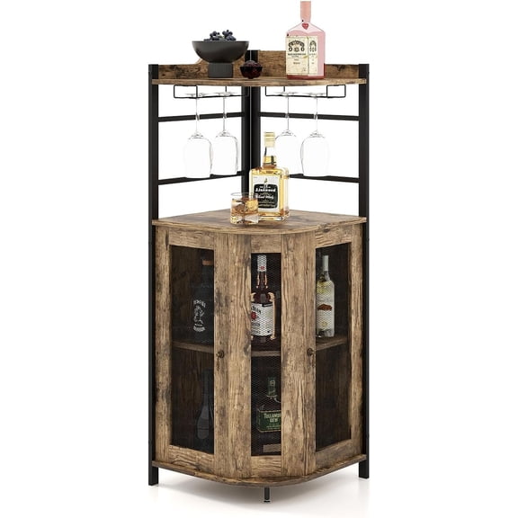 LOKO Corner Wine Bar Cabinet,  Wine Cabinet with Metal Mesh Doors & Adjustable Shelf, Liquor Cabinet with Anti-toppling Device, Rustic Brown, 19 x 19 x 51 Inches (Taupe)