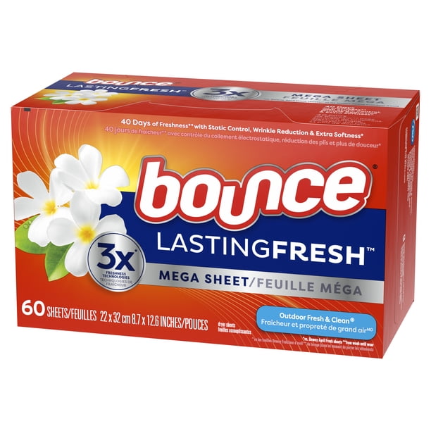 Bounce Mega Dryer Sheets, 60 Ct, Long Lasting Freshness, Outdoor