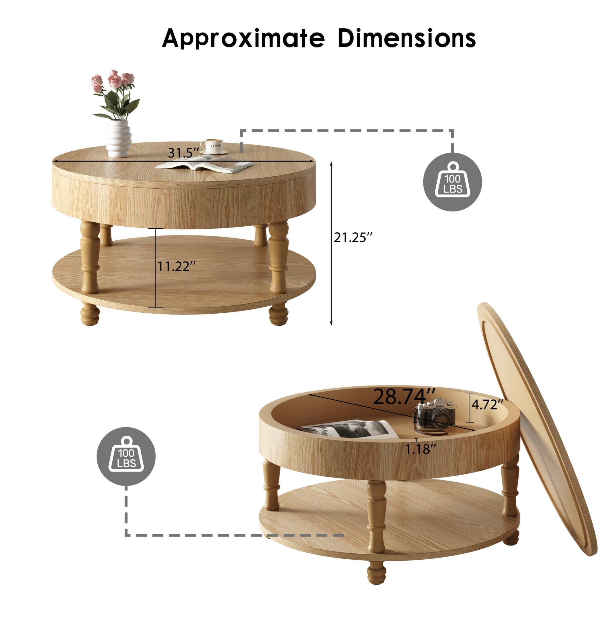 Round Coffee Table with Storage, 31.5" Modern Coffee Table with Hidden Compartment and Shelf, Wood Living Room Center Table, Natural