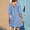 thumbnail image 2 of Womens Denim Dress Casual V Neck 3/4 Length Puff Sleeve Back Tie A Line Summer Dresses, 2 of 5