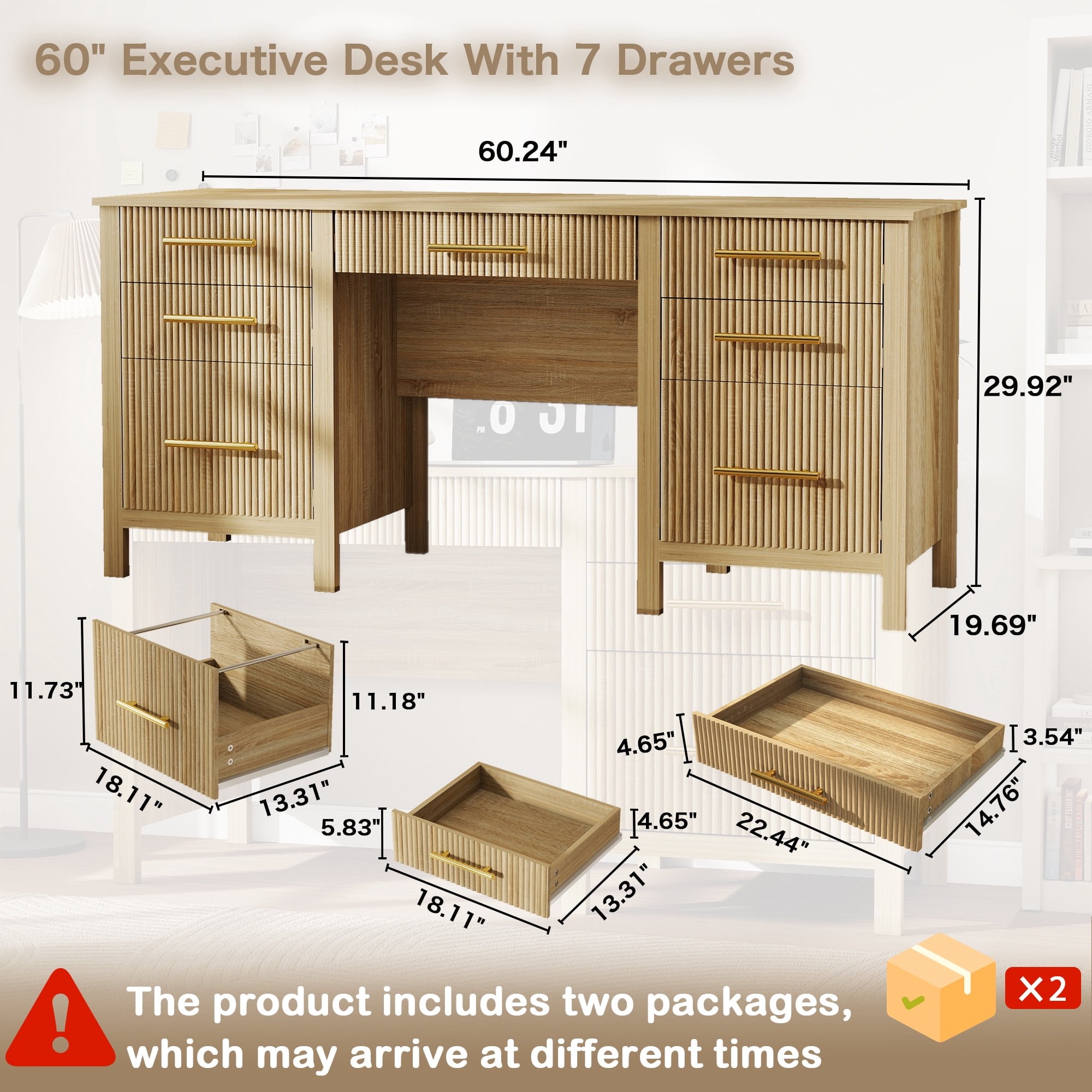 60" Executive Desk with Drawers, Modern Home Office Desk with File Cabinet, Wood Computer Writing Desk Workstation