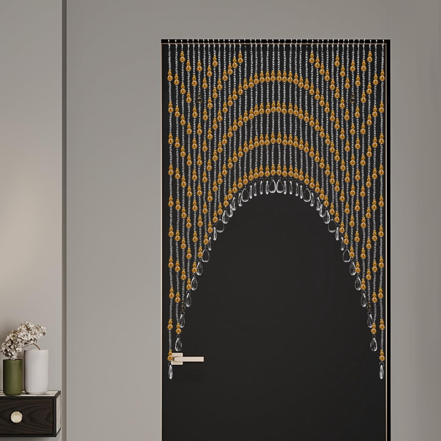 Arched Beaded Curtains, Hanging Glass Door Beads,Clear Crystal Room Partition Curtain Door Frame Beads Valance Self-Adhesive for Doorways Crystals Stran Arched Windows (Amber)