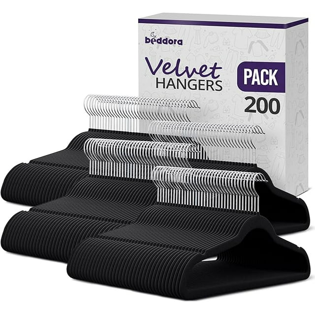 Beddora Black Velvet Hangers 200 pack, Non-Slip Velvet, Slim Design, 360° Rotating Hook, Durable Clothes Organizer for Adults