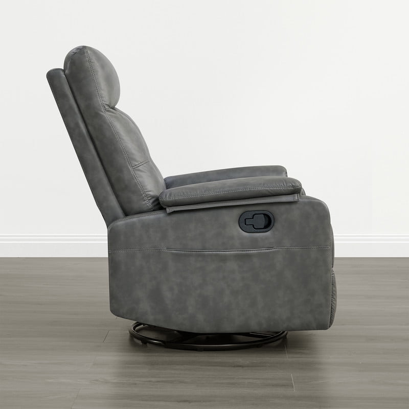Spruce & Spring Manual Swivel Recliner Chair with Storage Pocket & Cup Holders for Living Room & Bedroom, Gray Faux Leather