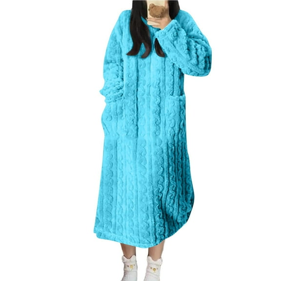 zbxnLI Womens Fleece Nightgowns Sherpa Pajama Dress Long Sleeve Winter Night Dress Loungewear with Pockets