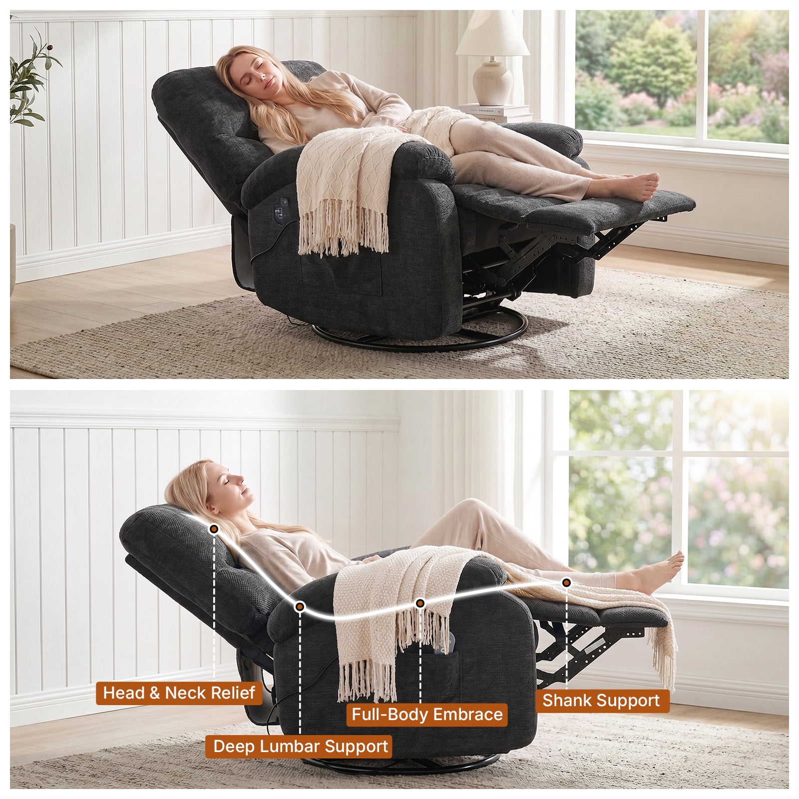 360 Swivel Manual Recliner Chair with Heat and Massage, Overstuffed Comfy Ergonomic Recliner for Elderly Seniors, Lumbar Back Pain Relief w/Pockets, Home Theater Living Room, Black
