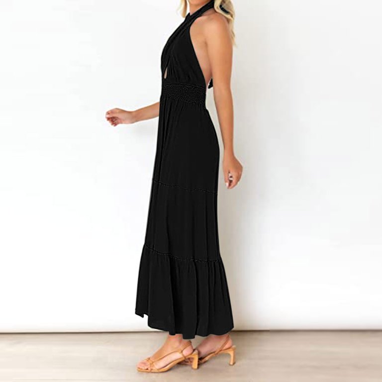 Women Dress Summer Crosses Halter Neck Sleeveless Floral Backless Flowy  A-Line Maxi Dress - Walmart.com