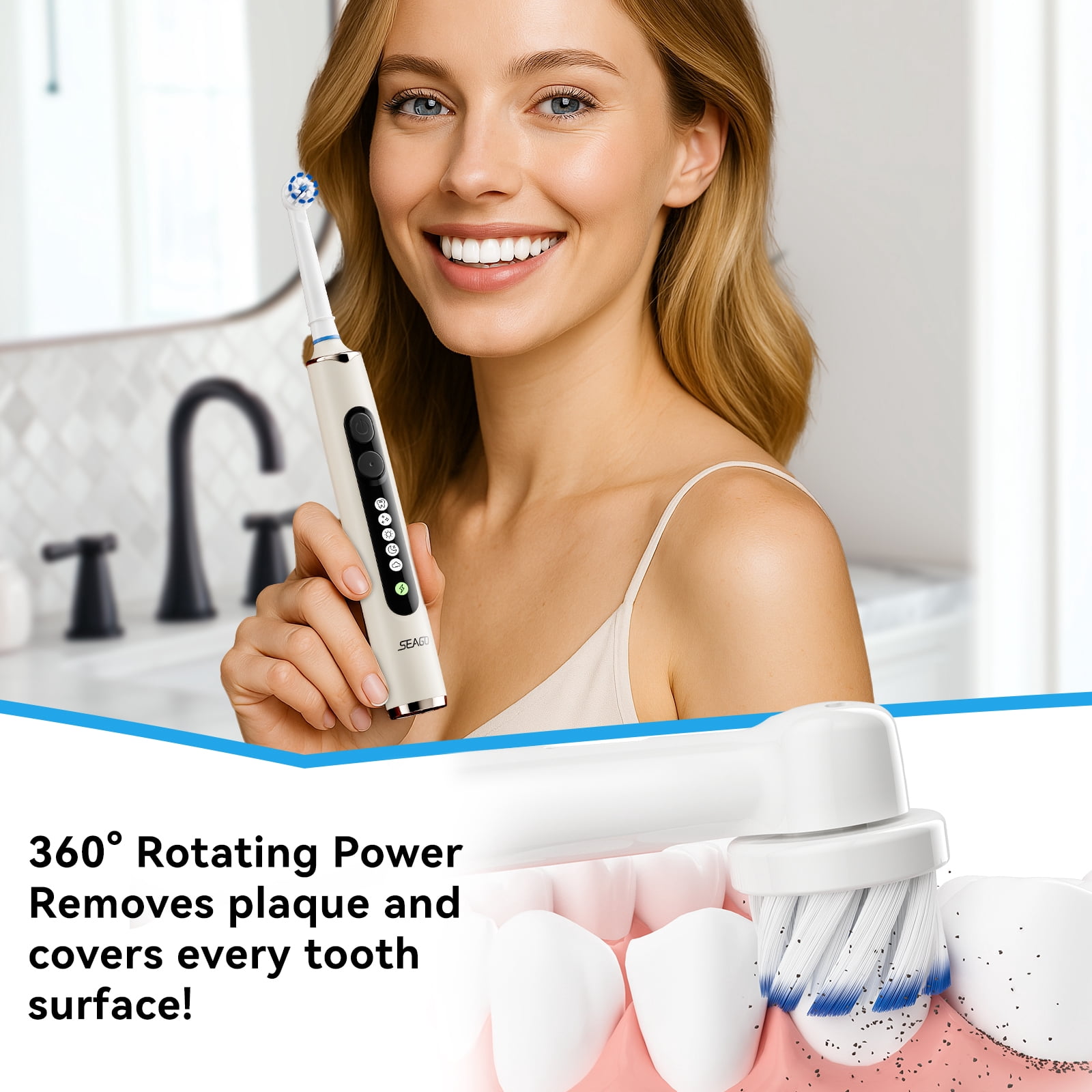 Seago Rotating Electric Toothbrush for Adults ，with 8 Replacement Heads, 5 Cleaning Modes,  with Timer and Travel Case for Adults ，SG-2607 Beige