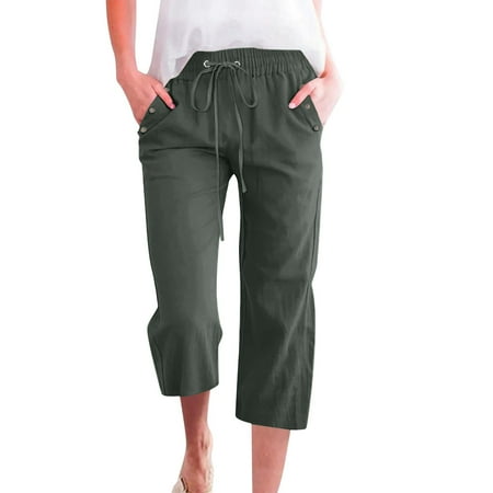 Prdecexlu Womens Cotton Linen Capris Button Decoration Beach Elastic Waist Wide Leg Loose Cropped Pants Drawstring Summer Solid Color Baggy Vacation Trousers with Pockets Army Green S