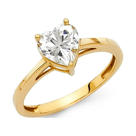 14k Yellow Gold Heart Solitaire CZ Engagement Ring Anniversary CZ Love Band Bridal CZ Ring Solid Size 7