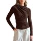 thumbnail image 2 of Blusas Plisadas de Larga para Mujer, Camisas Ajustadas de Cuello Redondo para Otoño, Blusas Casuales Fruncidas para Salir Y2K Marrón M, 2 of 10