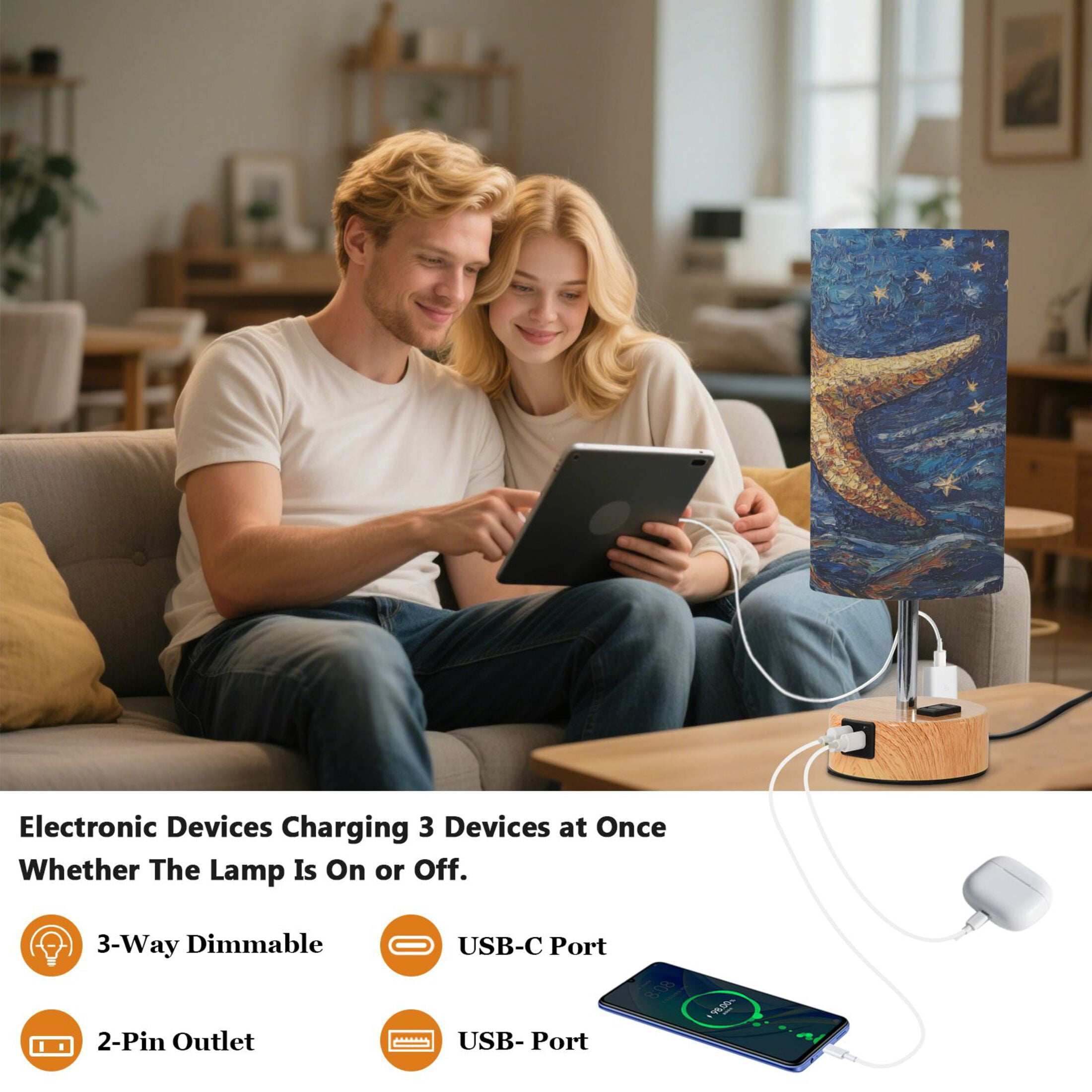 Wobogo Giant Starfish Oil Painting Bedside Lamp Touch Control Table Lamp with USB A+C Charging Ports & AC Outlet 3-Way Dimmable Nightstand Lamp with Linen Fabric Shade for Bedroom Living Room