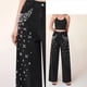 thumbnail image 4 of Pantalones vaqueros de mujer con diamantes de imitación, cintura alta, rectos, de pierna ancha, elásticos y brillantes., 4 of 6