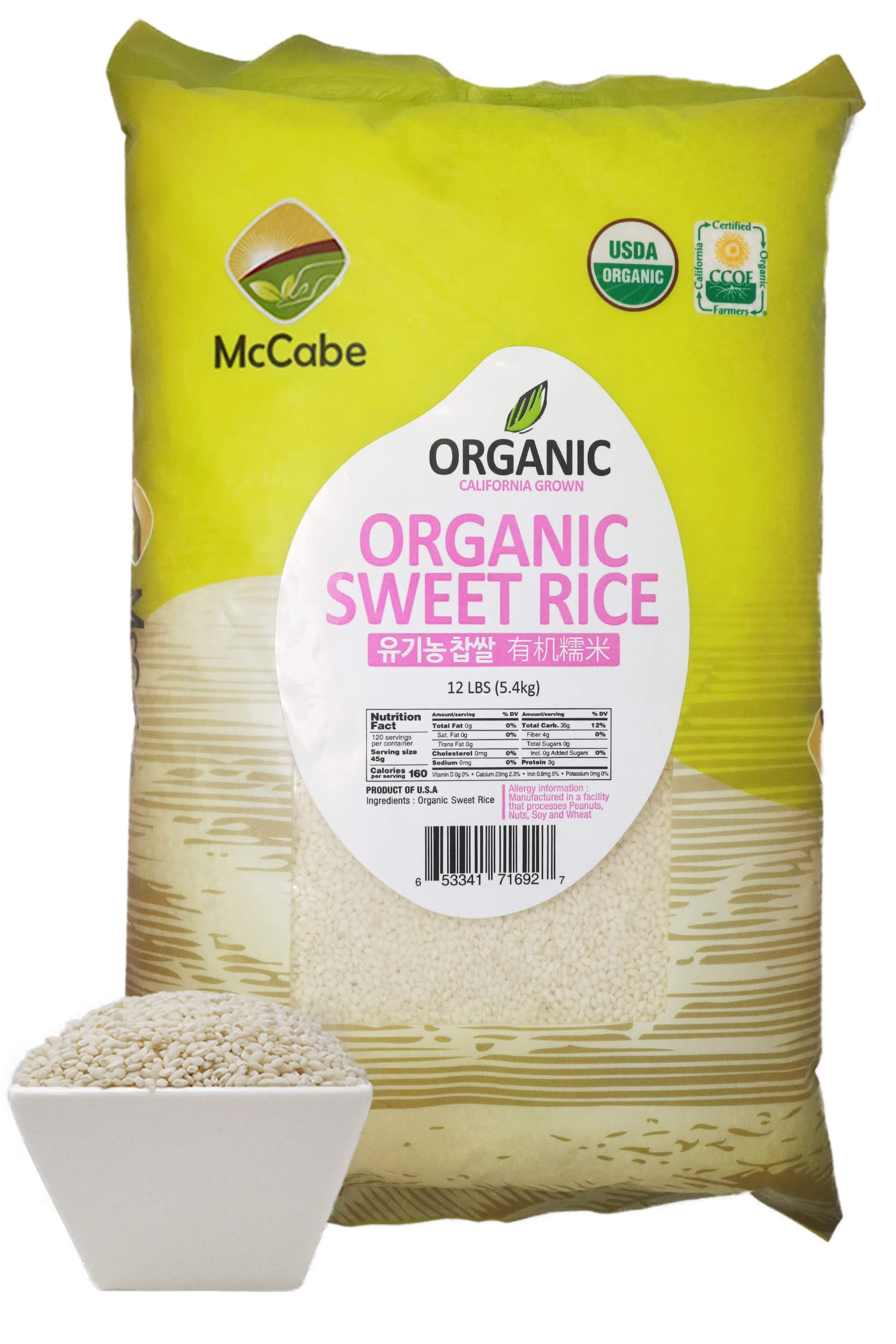 McCabe Organic Sweet Rice - Glutinous Sticky Rice | Gluten Free & GMO Free Organic Rice Rich in Fibers and Minerals | USDA and CCOF Certified Organic | 12 Lbs