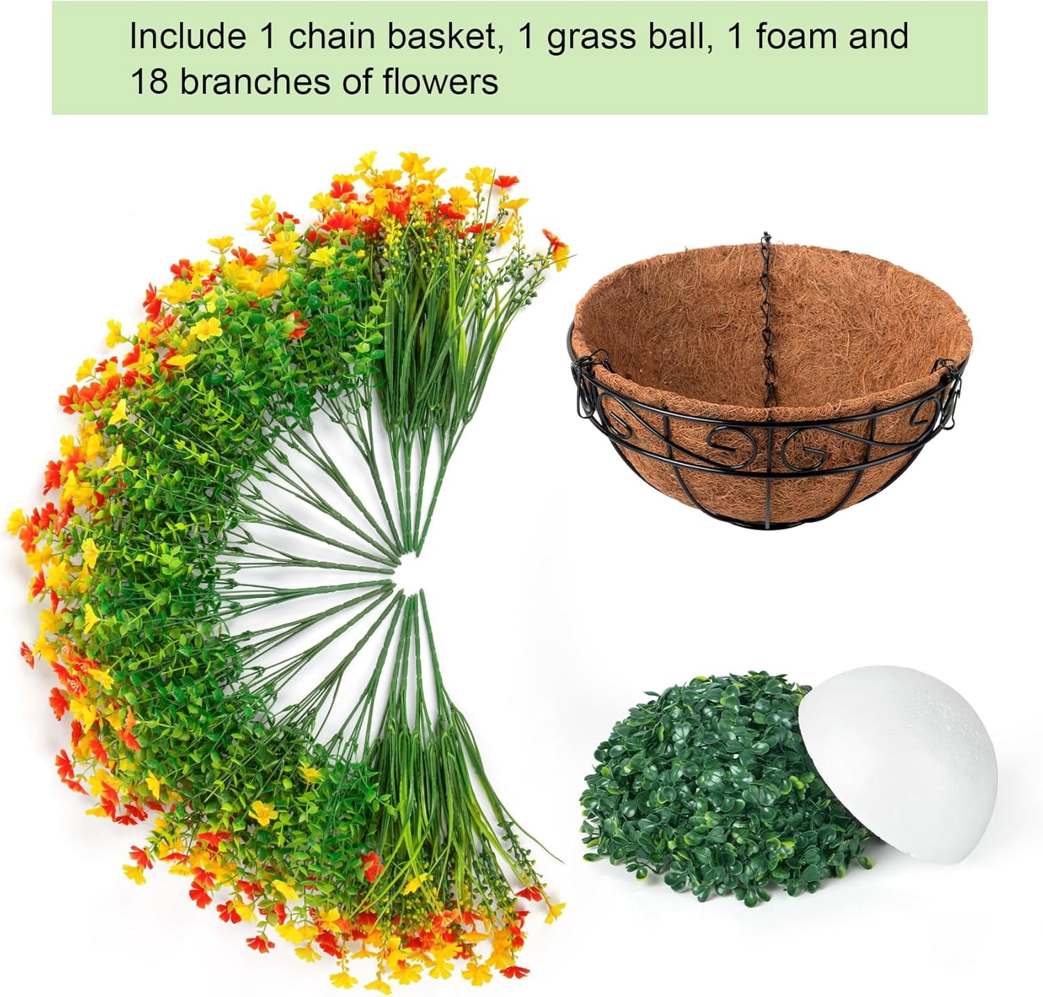 Artificial Hanging Flowers with Basket, Faux Silk Flowers in Coconut Lining Basket, Spring Summer Outdoor Decor Fake Hanging Plants for Garden Patio Yard Porch Lawn, Mixed Color