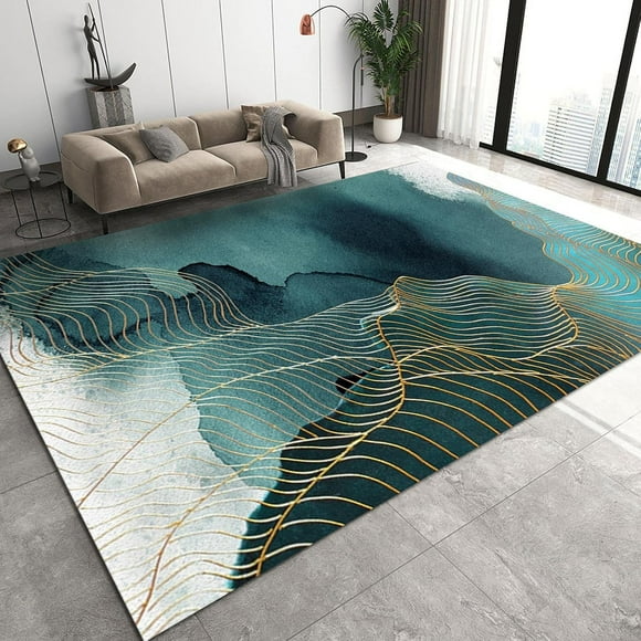Retro Green Black Ink Texture Area Rug, Golden Lines Abstract Light Luxury Bedroom Carpet, Floor Rugs Soft Comfortable Non-Slip Rubber Backing for Living Room Hallway Office2 x 6ft
