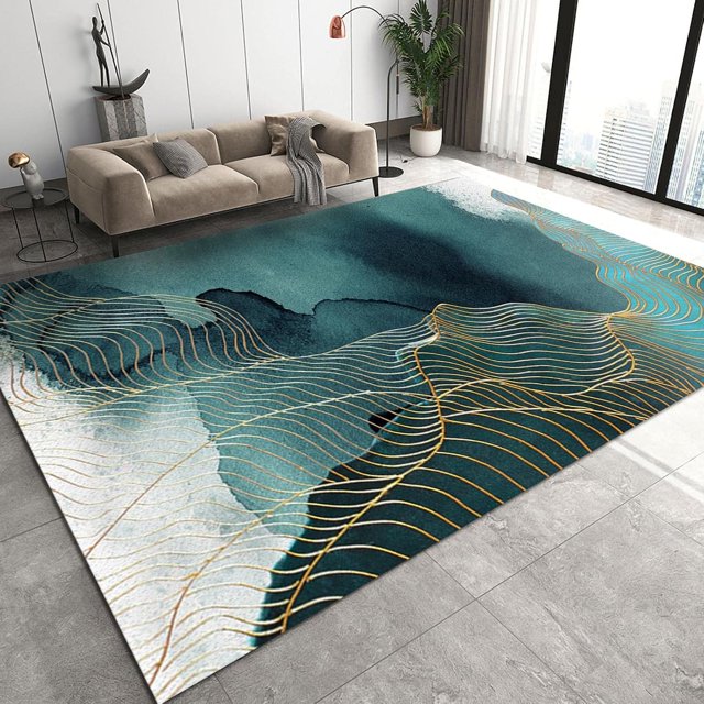 Retro Green Black Ink Texture Area Rug, Golden Lines Abstract Light Luxury Bedroom Carpet, Floor Rugs Soft Comfortable Non-Slip Rubber Backing for Living Room Hallway Office2 x 6ft