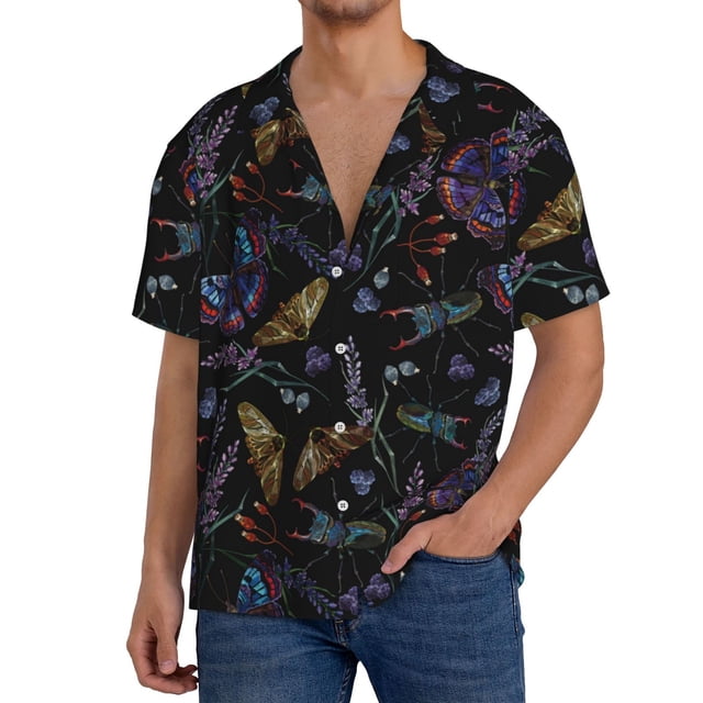 Fotbe Lavender Flowers Camisa Estampada de Manga Corta para Hombre, Casual de Verano, Estilo Playero, Sin Arrugas-Small