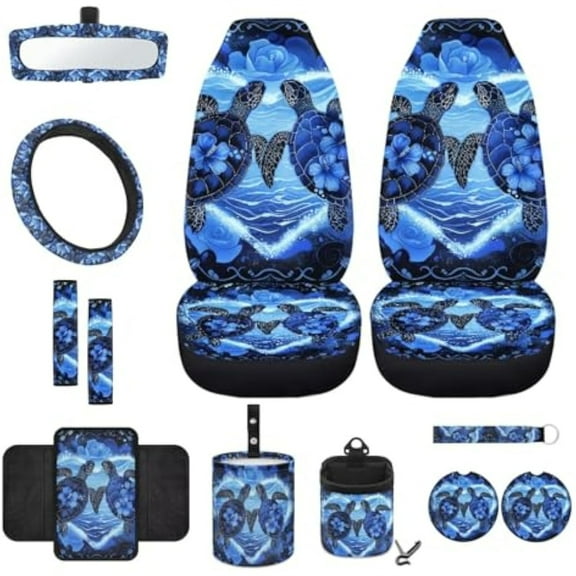 Jeiento Sea Turtle Car Seat Covers Full Set Steering Wheel Cover Seatbelt Pads Armrest Cover Trash Can Auto Rear View Mirror Covers Air Vent Pouch Coasters Keychain 12 Pack Blue Hibiscus Flowers