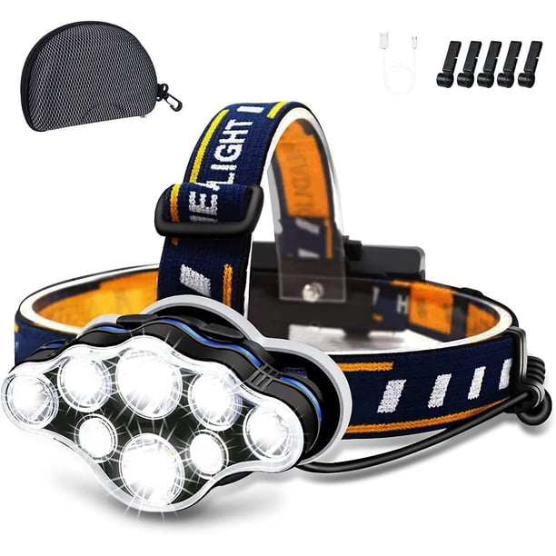 Linterna frontal recargable, linterna frontal de 8 LED, 18000 lúmenes, 8 modos con luces rojas blancas, cable USB, lámpara frontal impermeable para acampar al aire libre y ciclis