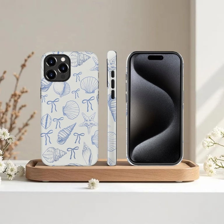 Case for iPhone 15 Pro, Seashell Beach Aesthetic Coastal Bow Phone