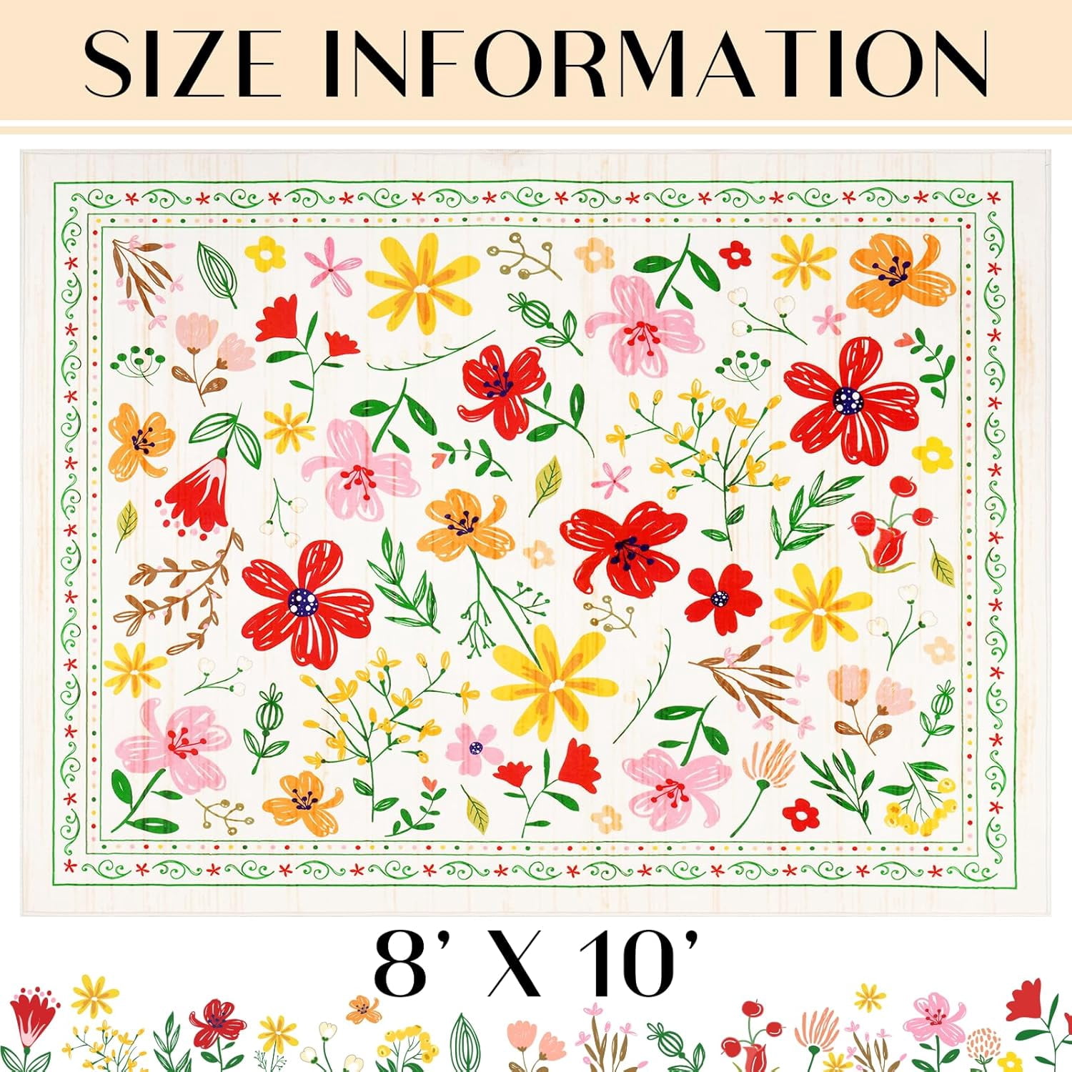 BLEUM CADE 8x10 Area Rug, Floral Rugs for Living Room, Lightweight Non Slip Washable Rug, Indoor Low Pile & Non-Shedding Vintage Rugs Carpet for Bedroom, Living Room, Dining Room, White