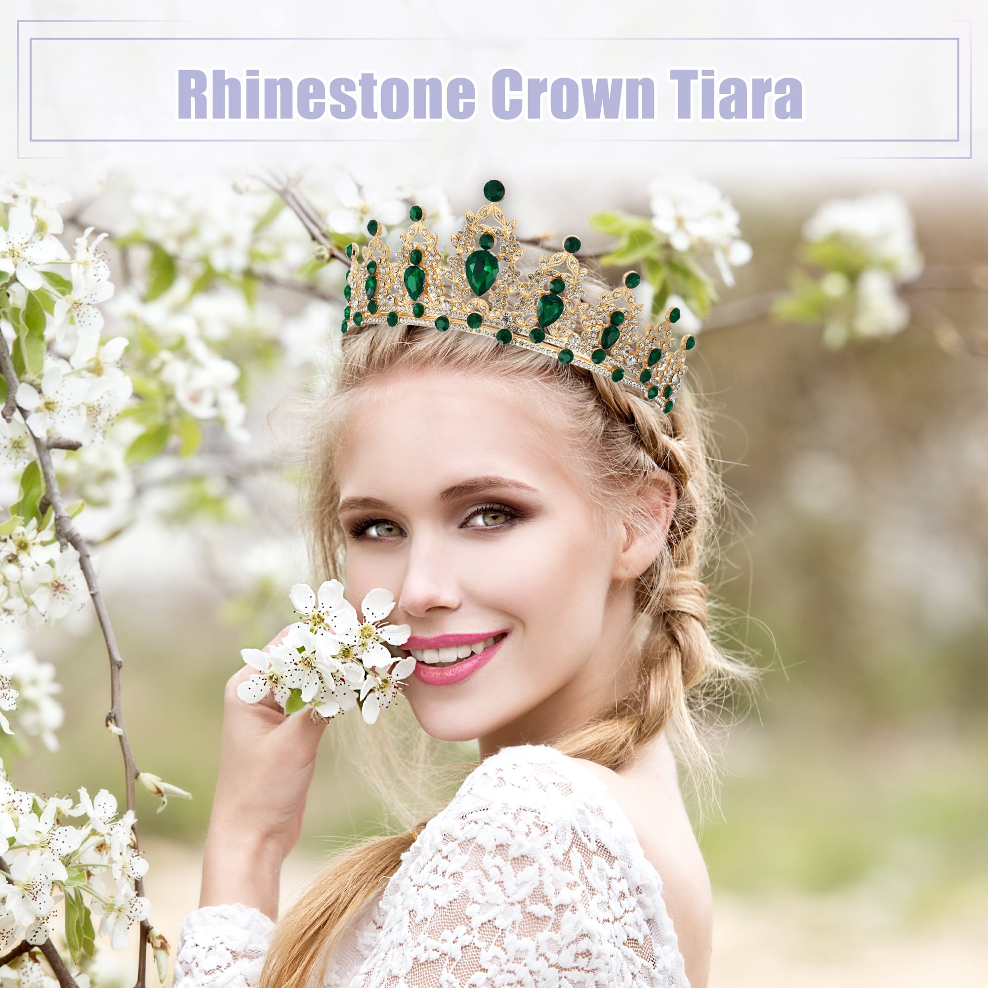 Unique Bargains Women Faux Crystal Queen Crown Tiara Rhinestone Gold Tone Green