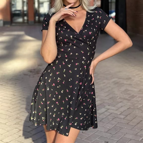 Summer Dresses for Women Casual V Neck Short Sleeve Loose Flowy Floral Pleated Beach Vacation Mini Dress,Sizes S-3XL