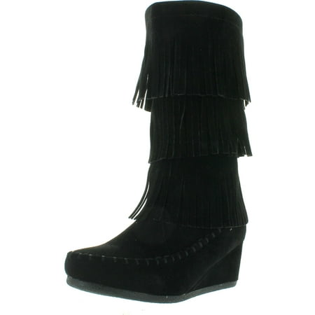 LINK PEGGY-92K Children Girl's Comfort Wedge Heel Fringe Trim Moccasin Boots