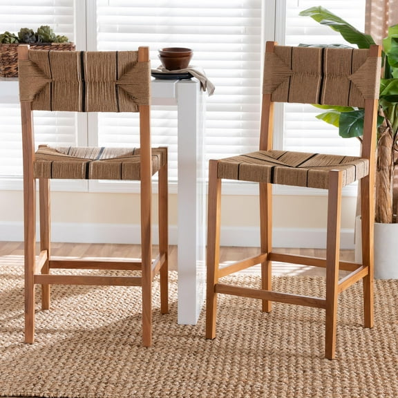bali & pari Prita Bohemian Paper Loom and Natural Mahogany Wood 2-Piece Bar Stool Set